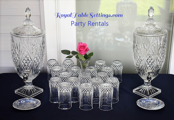 Small Crystal Beverage Dispenser and highball glasses for rent. Party Rentals by Royal Table Settings. 