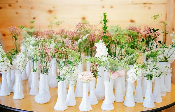 Milk Glass Bud Vases. Vintage Rentals by Royal Table Settings.