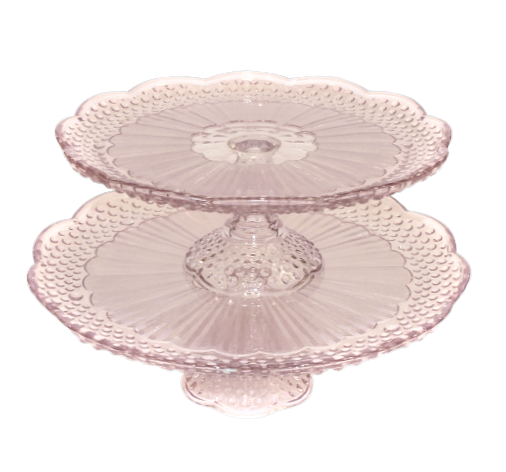 Pink Glass Hobnail Pedestal Serving Plates / Cake Stands stacked for rent by Royal Table Settings