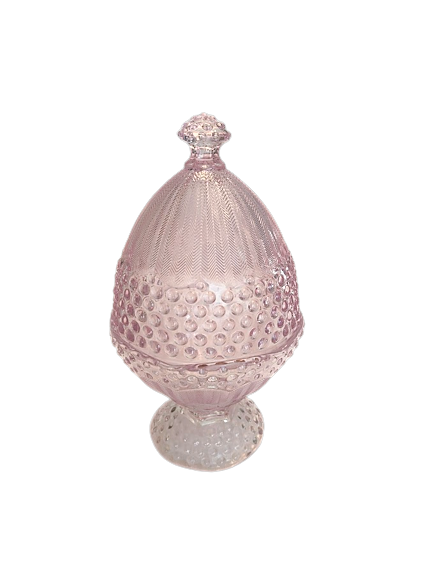 9 1/2" Pink Glass Footed Candy Dish with Lid. Vintage Party Rentals By Royal Table Settings.