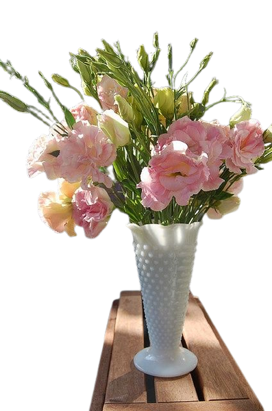 Trumpet Milk Glass Vases with flowers. Vintage Party Rentals. Royal Table Settings