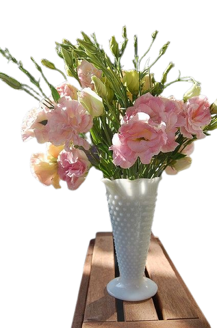 Trumpet Milk Glass Vases with flowers. Vintage Party Rentals. Royal Table Settings