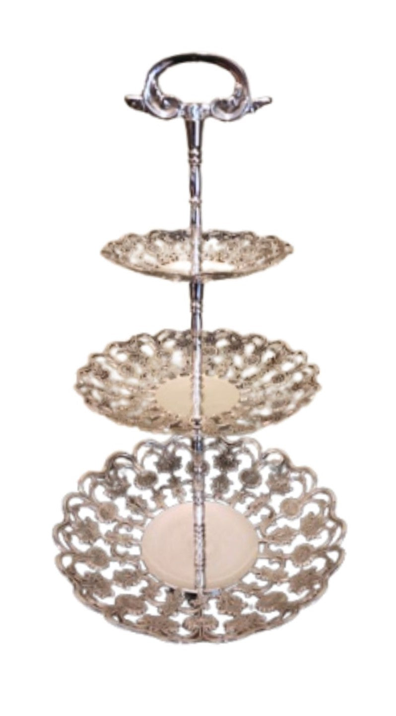 3-Tier Silver-Plated Lace Cake Stand. Cake Stand Rentals for Party by Royal Table Settings
