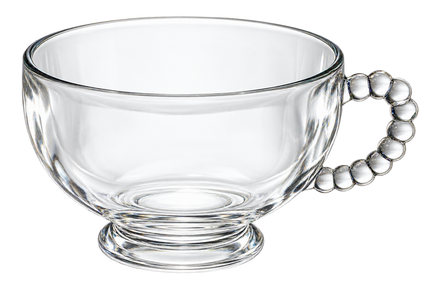 Clear glass teacup with a decorative beaded handle and pedestal base.