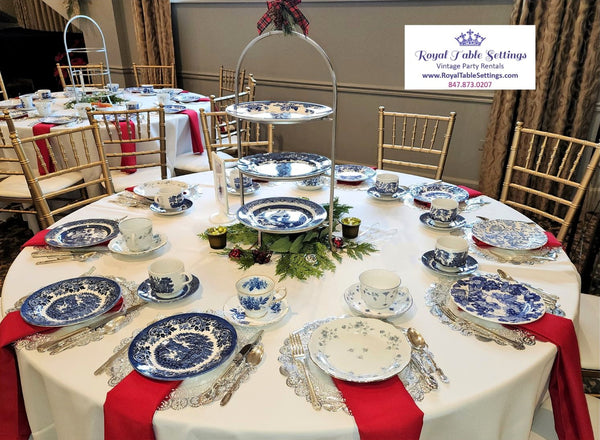 Host a Tea Party for Christmas! 3-Tier Silver Metal Stand with blue and white plates for rent. Vintage Party Rentals. Royal Table Settings