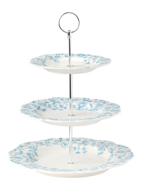 Blue Floral 3-Tier Serving Tray with Silver Handle. Vintage Party Rentals - Royal Table Settings.