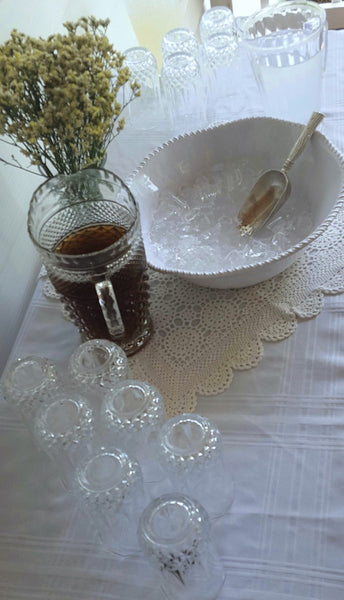 Crystal Pitcher and Ice Tea Glasses - Vintage Party Rentals. Royal Table Settings.