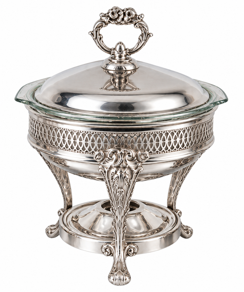 An ornate silver chafing dish with a glass lid, featuring intricate scrollwork details, a decorative top handle, and a pedestal base on a white background.