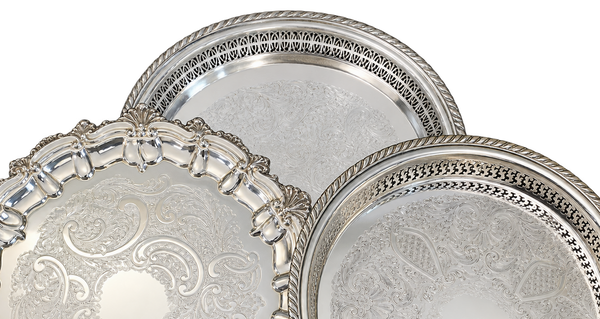 Round Silver-Plated Trays. Vintage Party Rentals by Royal Table Settings.
