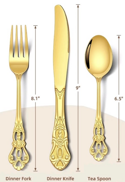 Gold Flatware for Rentals for Weddings Bridal Shower TEa party Baby shower. Gold Fork, Knife, spoons, knives by Royal Table Settings.