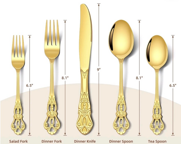 Gold Flatware for Rentals for Weddings Bridal Shower TEa party Baby shower. Gold Fork, Knife, spoons, knives by Royal Table Settings.