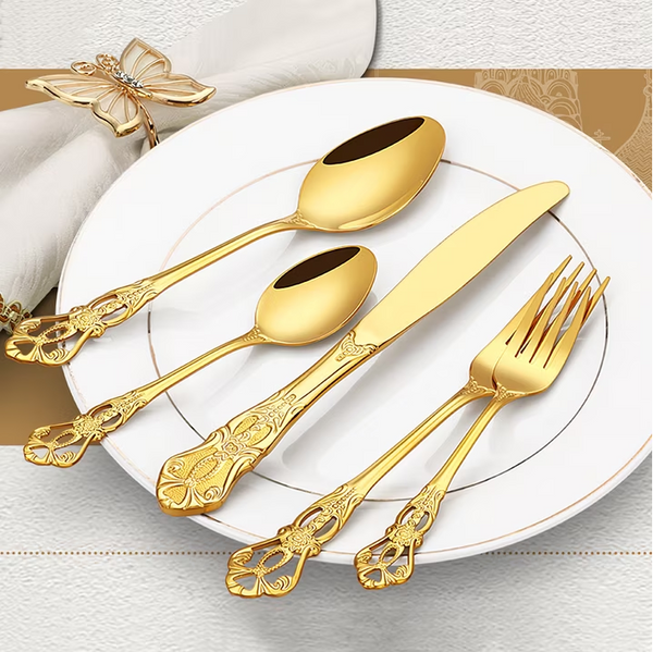 Gold Flatware for Rentals for Weddings Bridal Shower TEa party Baby shower. Gold Fork, Knife, spoons, knives by Royal Table Settings.
