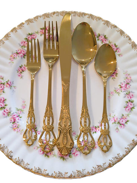 Gold Flatware for Rentals for Weddings Bridal Shower TEa party Baby shower. Gold Fork, Knife, spoons, knives by Royal Table Settings.
