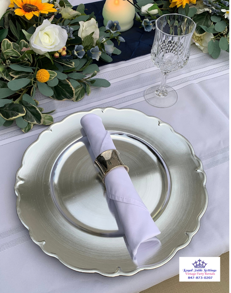 Silver Scroll Charger Plates with blue & white plates for rent by Royal Table Settings 