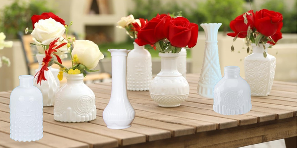 Small Milk Glass Bud Vases. Vintage Rentals by Royal Table Settings.