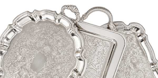 Small Silver-Plated Trays. Vintage Party Rentals by Royal Table Settings.