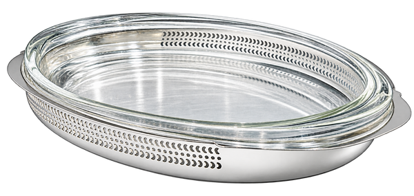 This elegant silver-plated oval serving tray features a decorative pierced edge and removable glass liner that can be used in the oven, making it both beautiful and functional for serving warm dishes.