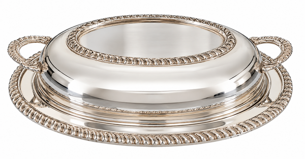 A polished silver serving platter with a matching oval lid, both featuring decorative rope-textured rims and loop handles, shown on a plain white background.
