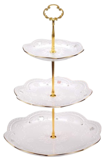 Embossed white 3-tier cake stands party rentals by Royal Table Settings.