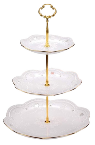 Embossed white 3-tier cake stands party rentals by Royal Table Settings.