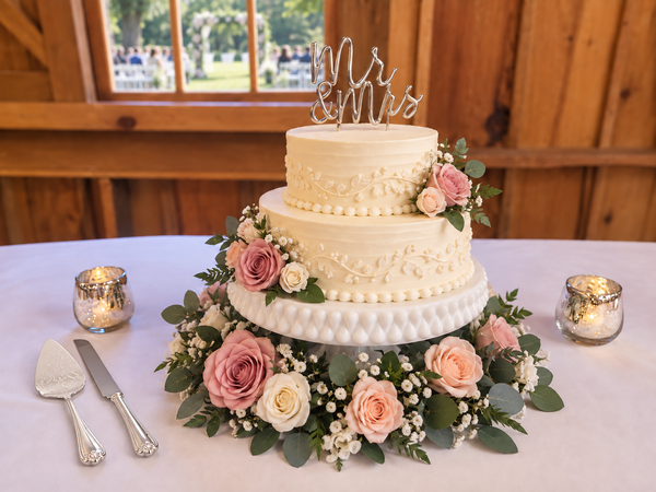 A three-tier cream wedding cake decorated with pink and white roses, green leaves, and baby's breath, topped with a silver 'Mr. & Mrs.