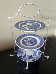 Small High Tea 3-Tier Stand - Silver Frame with Vintage Plates. Party Rentals. Royal Table Settings.