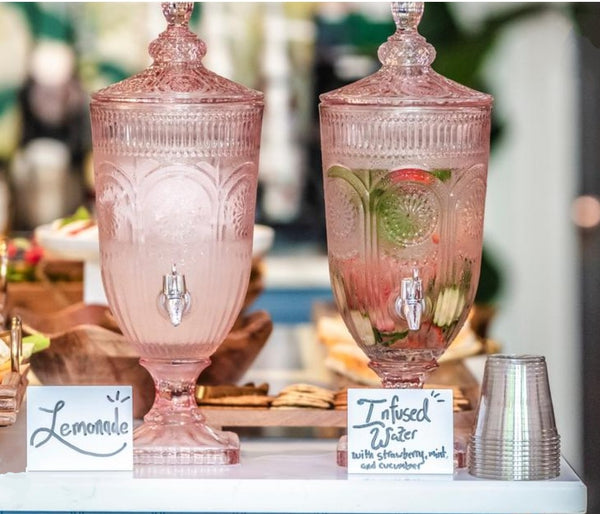 Pink Glass Beverage Dispenser.  Party Rentals by Royal Table Settings 
