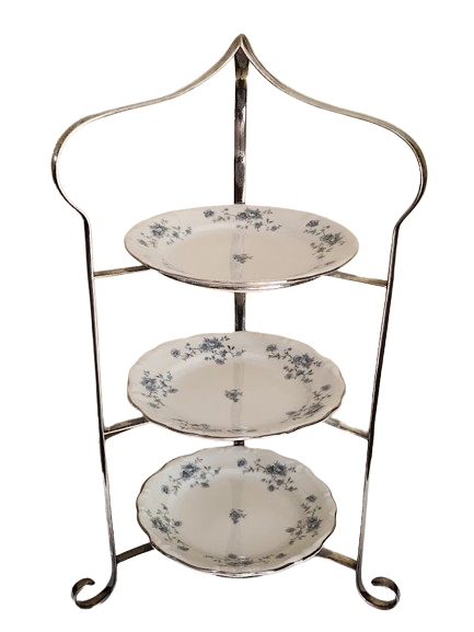 Small High Tea 3-Tier Stand - Silver Frame with Vintage Plates. Party Rentals. Royal Table Settings.