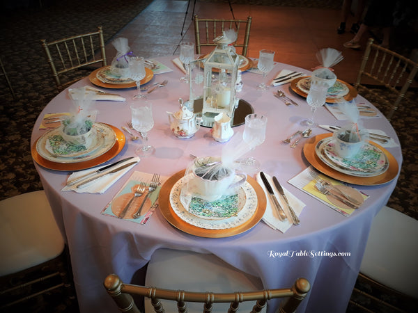 Table Linens - 120" Round color "Lilac" rental. Tea Party example by Royal Table Settings. Vintage Party Rentals.