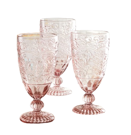 Pink Glass Goblets Vintage Inspired. Party rentals by Royal Table Settings