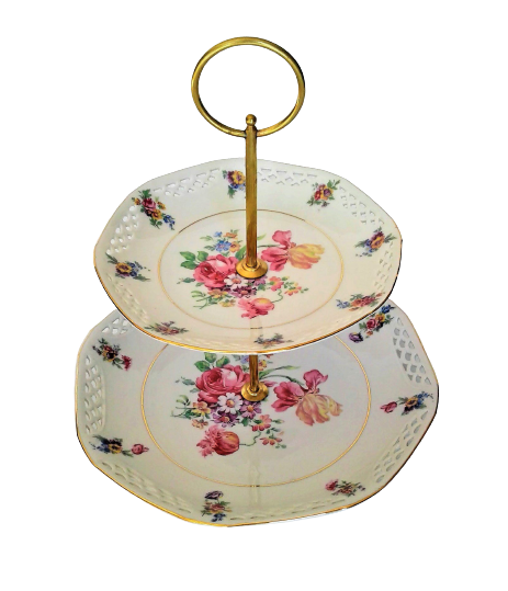 2-Tier Gold Cake Stand with Vintage Plates for rent for your next tea party. Royal Table Settings.