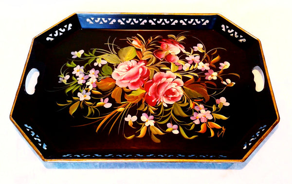 Large Black Tin Tray with Floral Accents and Handles