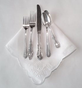 Silver-Plated Silverware 5 Piece Set with Vintage Napkin - Vintage Party Rentals. Royal Table Settings.