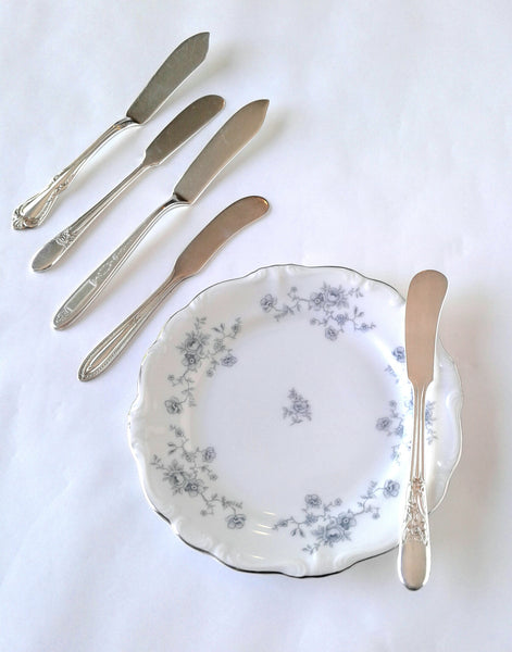 Silver-Plated Butter Knives with Blue & White Bread Plate