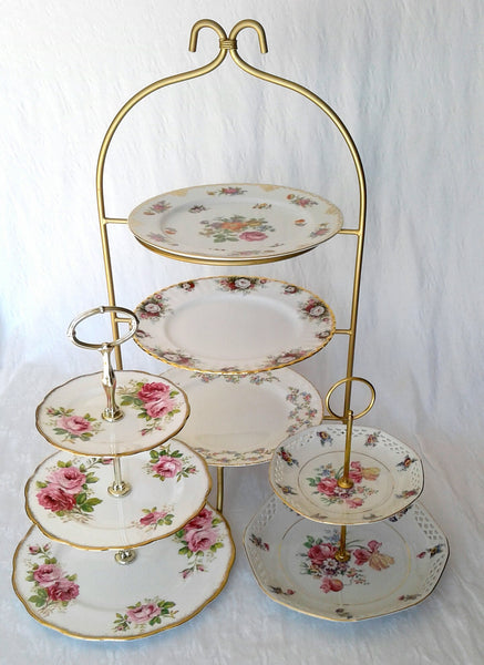High Tea Stand showcased with 2 and 3 Tier Cake Stands. Party  Rentals. Vintage Party Rentals. Royal Table Settings.
