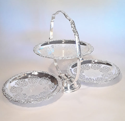 3-Tiered Silver Folding Cake Stand Party Rentals with Royal Table Settings.