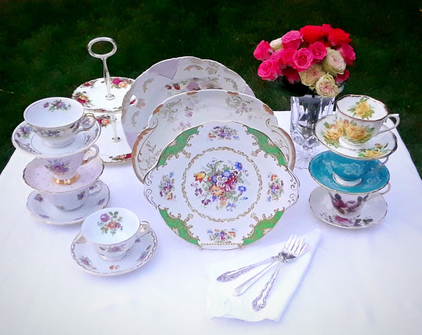 Appetizer / Cake Plates with Teacups for your tea party! Consider renting your cake plates from Royal Table Settings.
