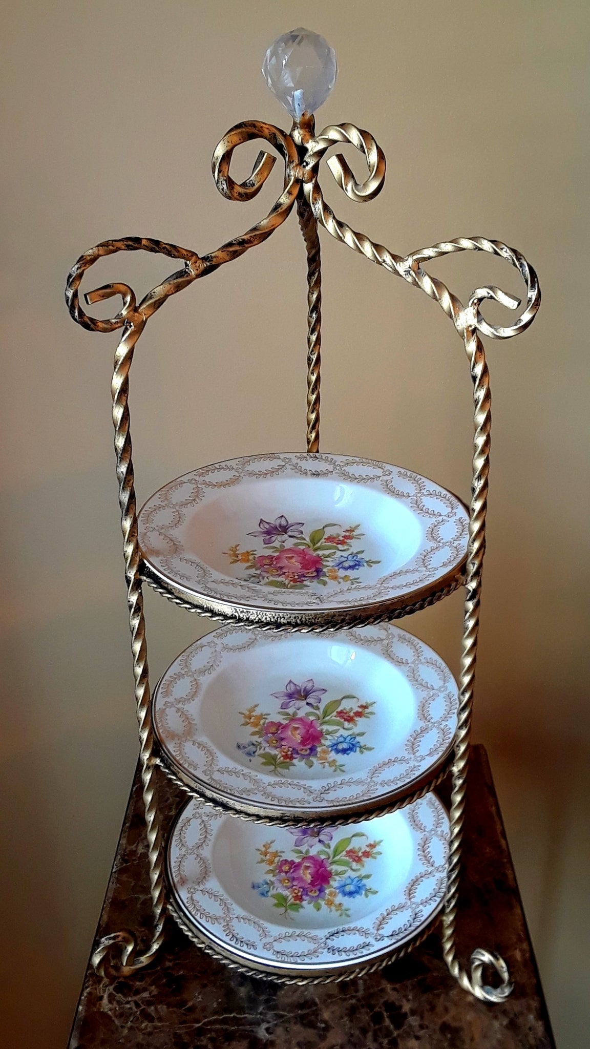 3-Tier Porcelain Bowl Stand Vintage Party Rentals with Royal Table Settings.