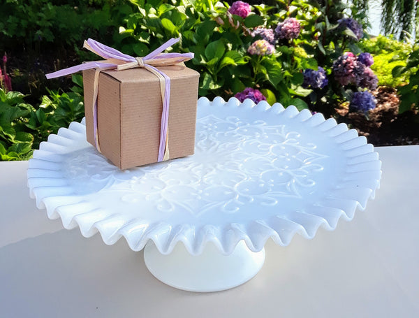 White Glass Ruffle Cake Plate with Scroll-work. Party rentals. Royal Table Settings.