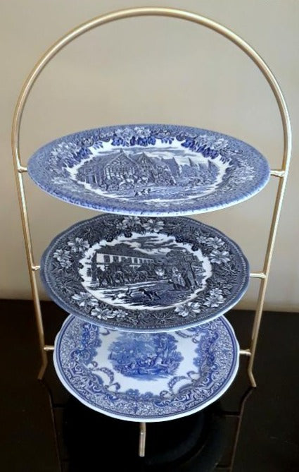 Blue & White 3-Tier High Tea Stands Gold Frame . Vintage Party Rentals. Royal Table Settings.