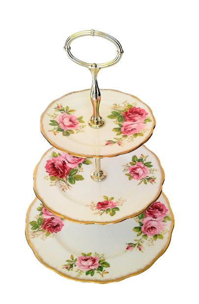 3-Tier Gold Cake Stand with Vintage Plates. Vintage Party Rentals. Royal Table Settings.
