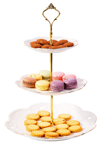 Embossed white 3-tier cake stands party rentals by Royal Table Settings.