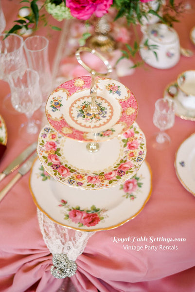 3-Tier Cake Stand with Vintage Plates. Vintage Party Rentals. Royal Table Settings.