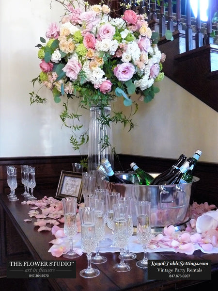 Beautiful Display of Crystal Champagne Flutes for Rent for your event!