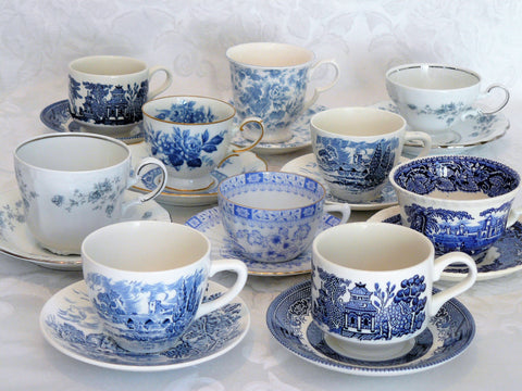 Blue and White Cup and Saucer Sets. Teacups for rent. Tea cups for your next tea party, bridal shower or birthday. Vintage Party Rentals with Royal Table Settings.