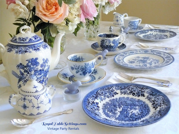 Blue & White Teapot or Coffee Pot with Dinner Plates. Vintage Party Rentals with Royal Table Settings.