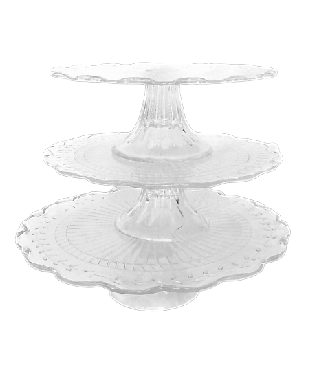 Clear Embossed Glass Cake Stands - Vintage Party Rentals with Royal Table Settings.