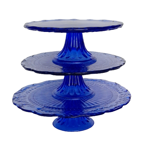 Cobalt Blue Glass Pedestal Cake Stands for your next event. Vintage Party Rentals with Royal Table Settings.