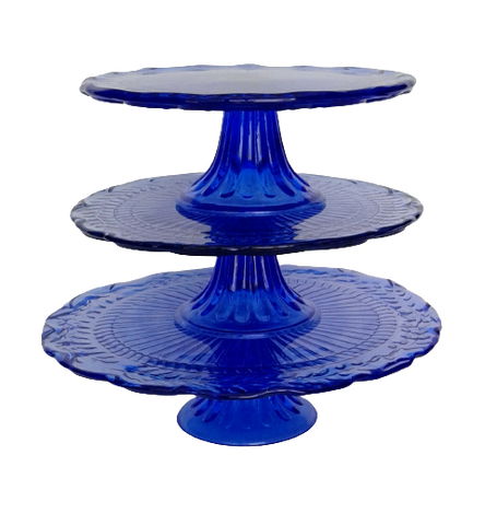 Cobalt Blue Glass Pedestal Cake Stands for your next event. Vintage Party Rentals with Royal Table Settings.