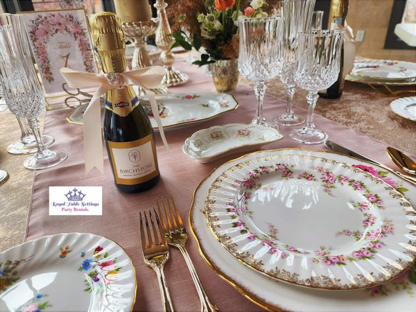 Cresent Shape Dishes with Vintage China and Crystal Glassware - Vintage Party Rentals by Royal Table Settings